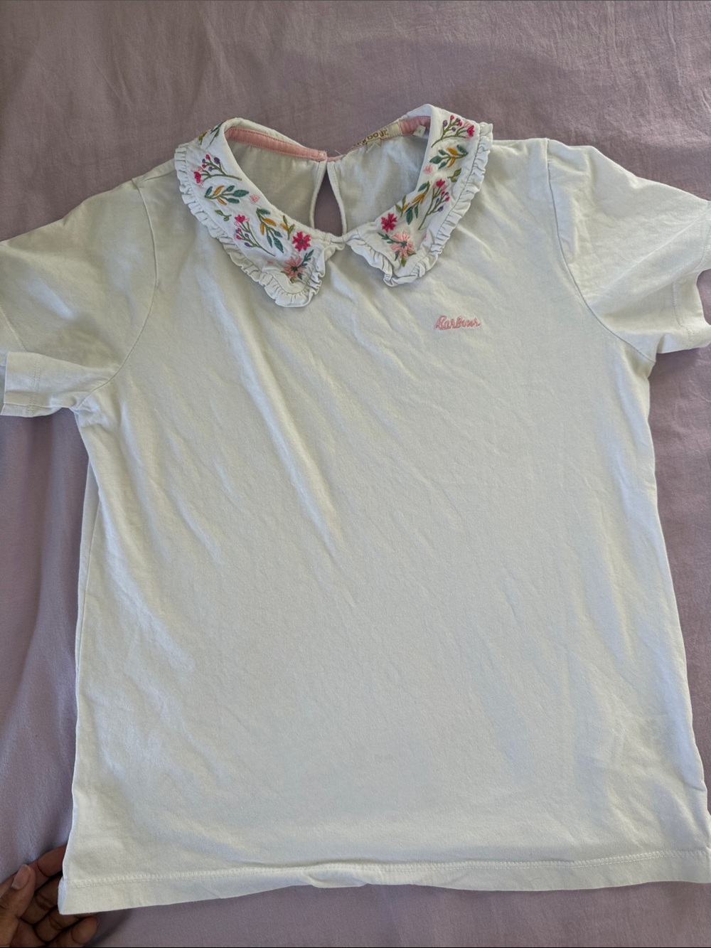Barbour White Short Sleeve Tee with Embroidered Peter Pan Collar